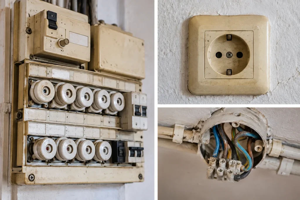 Ancien tableau électrique à fusibles, prise et câblage vétustes avant rénovation électrique